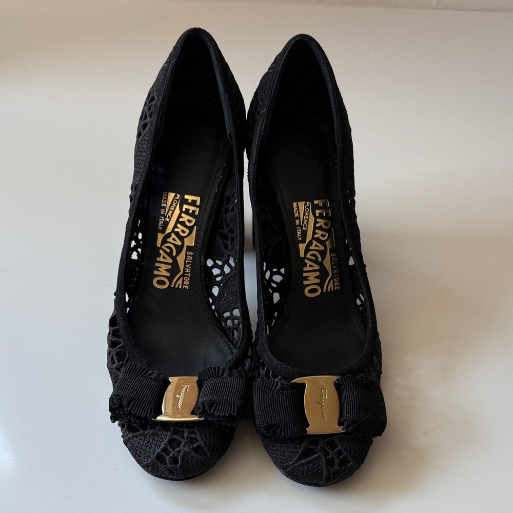 Salvatore Ferragamo Black Lace Bow Heels